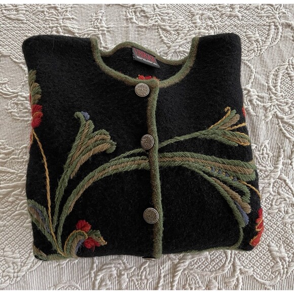 VRIKKE All Over Embroidered Wool Cardigan Sweater Norwegian Irene Haugland Large - Picture 11 of 11